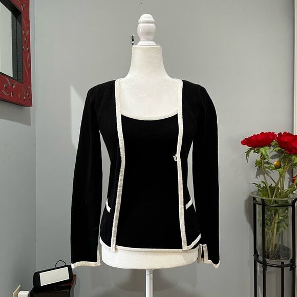 NEW Bebe Colorblock Knit Two Tone Contrast Cardigan Cami Sweater Twin Set Bla… - Picture 6 of 16